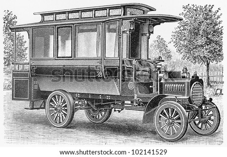 Vintage bus with 12 HP two cylinder engine from the beginning of 20th century - Picture from Meyers Lexikon book (written in German language) published in 1908 Leipzig - Germany.