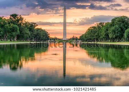 Washington Monument from the Reflecting Pool in Washingon DC, USA.