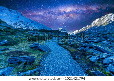 Trail through tussock in Hooker Valley, section of a track leading to Aoraki, Mount Cook, highest peak of Southern Alps, an icon of New Zealand partially covered in clouds Royalty-Free Stock Photo #1021421794
