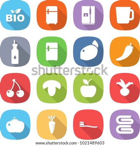 flat vector icon set - bio vector, fridge, cup, vegetable oil, lemon, hot pepper, cherry, mushroom, apple, beet, tomato, carrot, tooth brush, towel