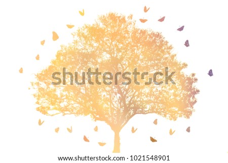 Colorful tree surrounded by butterflies by double exposure techniques