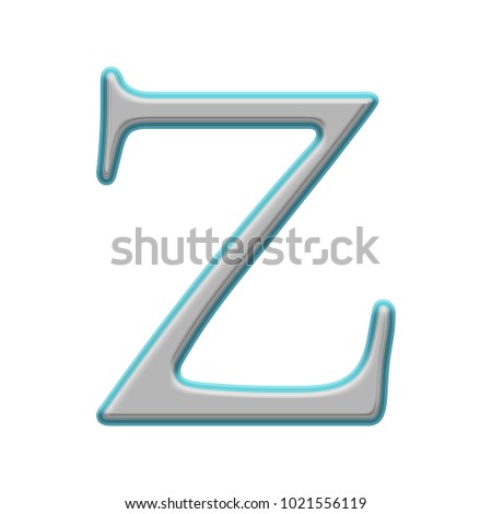 Metallic gray uppercase or capital letter Z in a 3D illustration with a flat metal surface and beveled blue edge in an antique bookletter font isolated on a white background with clipping path.