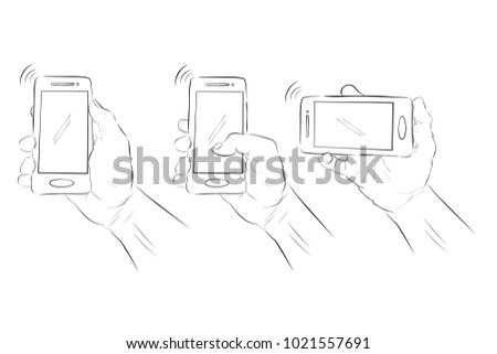 Set Simple Sketch of Hand Holding Smartphone at White Background 
