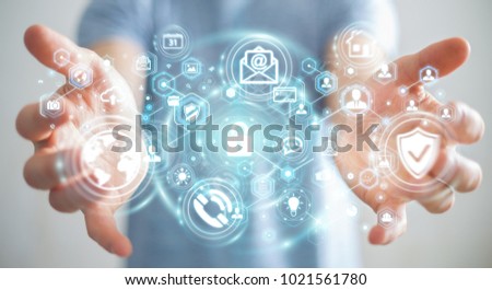 Businessman on blurred background protecting his data personal information 3D rendering