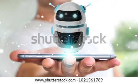 Businessman on blurred background using digital chatbot robot application 3D rendering Royalty-Free Stock Photo #1021561789