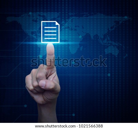 Hand pressing document icon over digital world map technology style, Business communication concept, Elements of this image furnished by NASA