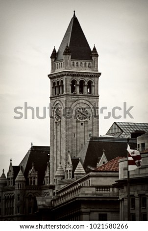 Old Post Office Pavilion tower in Washington DC, USA. Vintage photography effect