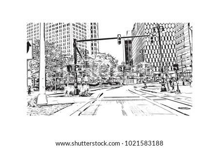 Downtown street view with buildings in Detroit City, Michigan, USA. Hand drawn sketch illustration in vector.