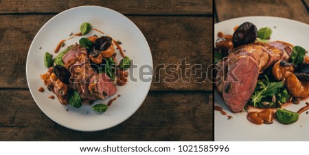 Rosé duck breast with broccoli cream and caramel fig, fresh salad