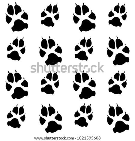 Dog or cat paw white footprint, isolated on black back layer.  Doggo, puppy or kitten foot steps vector silhouetter. Cute animal background of paw foot print for illustration or interior design.