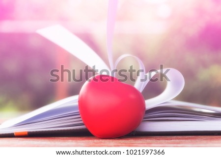 Love story concept:pink shade picture of  red heart and love diary 