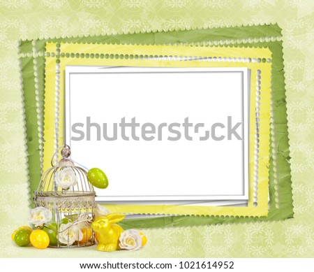 Easter eggs and funny bunny  on abstract green background