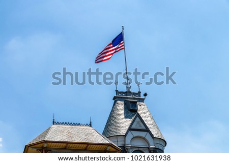United States of America Flag at The Belvedere Castle in Central Park, New York City.