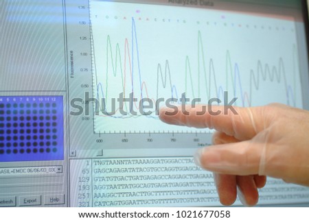 Sequencing human DNA on a hospital research center computer screen highlighting the RNA nitrogen bases: adenine, guanine, cytosine and thymine