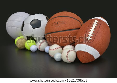 Football, soccer ball, basketball, american football, golf ball, baseball, tennis ball set on dark background. 