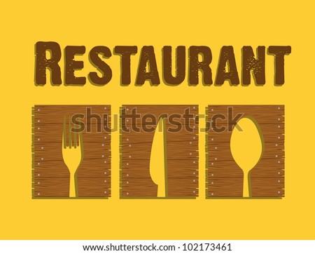 wooden sign for a restaurant on a yellow background Royalty-Free Stock Photo #102173461