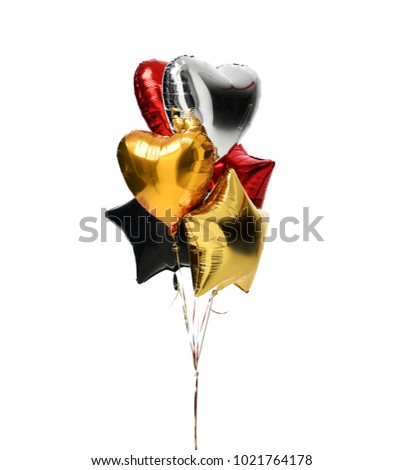 Bunch of big white red silver and gold heart  balloons objectsfor birthday party isolated on a white background