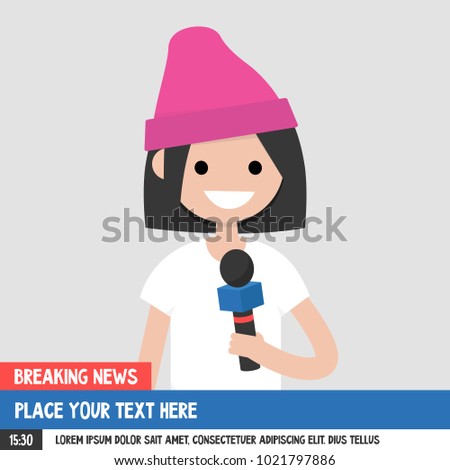 Breaking news. Young female smiling reporter holding a microphone. Mockup. Copy space. Flat editable vector illustration, clip art