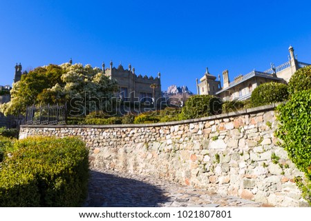 Russia, Crimea, Alupka, Vorontsov Palace. Spring and blue sky. Crimean nature and an ancient palace.