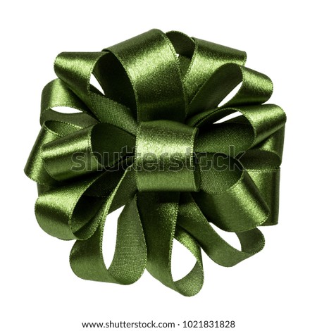 Shiny satin ribbon bow in dark green color isolated on white background close up