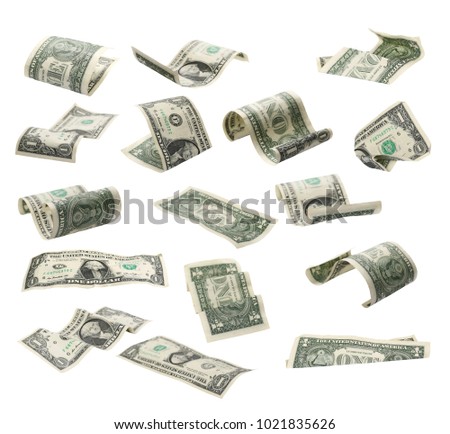 Set of flying one dollars banknotes isolated on white background, with clipping path
