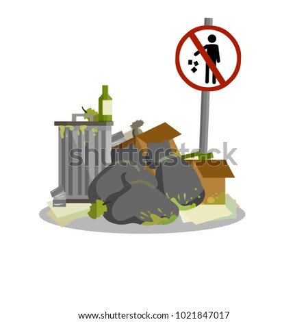 cartoon flat illustration - a trash can with sign ban. dump with garbage boxes, bottles, cans, scraps. environmental problem of the city. dirty urn.
