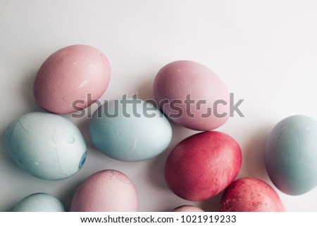 painted Easter eggs on white background, festive background
