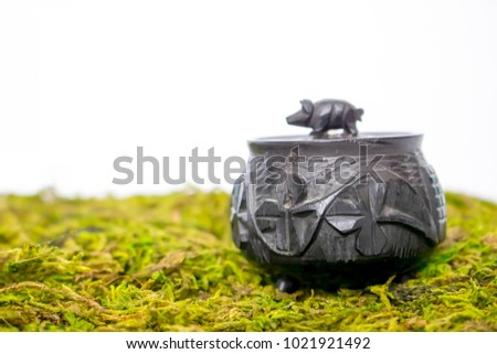 Small Hand Carved Black Bog Oak Antique Irish Pot with Shamrocks