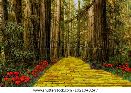 Yellow brick road leading through a forest. Royalty-Free Stock Photo #1021948249