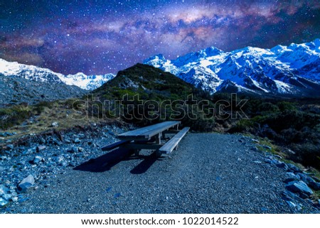 Wooden table with milkyway background.