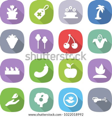 flat vector icon set - flower vector, medical label, bed, palm, berry, trees, cherry, corn, seedling, eggplant, apple, sprouting, hand leaf, garden, ecology, blower