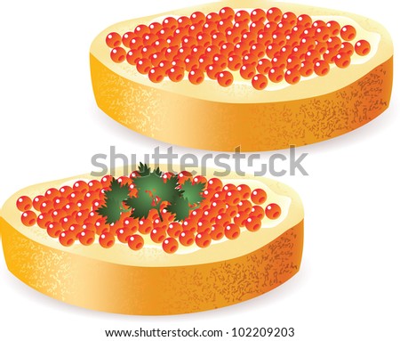 sandwich with butter and red caviar isolated on white photo-realistic vector illustration
