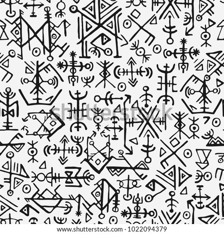 Futhark norse islandic and viking symbol seamless pattern. Magic hand draw symbols as scripted talismans repeatable background. ancient Iceland seamless. Ethnic norse viking pattern design. Royalty-Free Stock Photo #1022094379