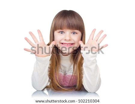 Funny girl showing ten fingers isolated on white background