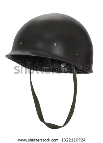 Vintage military helmet, inner shell, photographed on ghost mannequin, isolated on white background. Almost straight side view, tilted up a little.