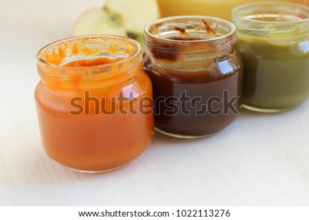 Baby food, puree in glass jars Dessert