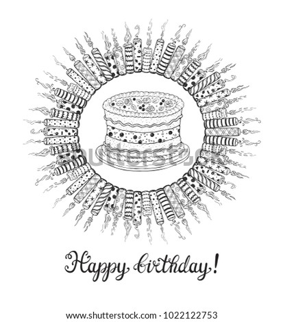 Happy Birthday Greeting Card. Hand Drawn Doodle Burning Patterned Candles, Birthday Cake with cream and berries, Calligraphic Lettering. Vector illustration 