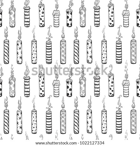 Birthday Candles Vector Seamless Pattern. Hand Drawn Doodle Burning Patterned Candle with Smoke. Happy Birthday Background  