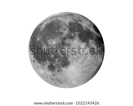High contrast Full moon seen with a telescope from northern emisphere at night isolated over white background