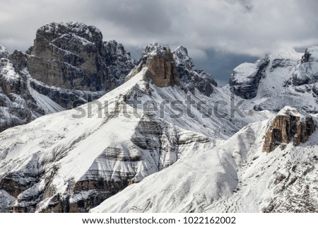 High mountains ridge in the Alps. Beautiful natural landscape in the winter time