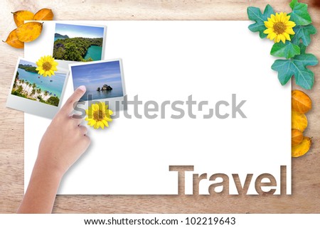 Blank paper page travel with point picture on wood background