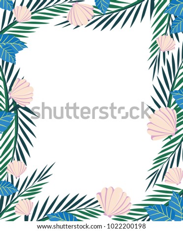 Seashell , Coconut leaves and blue leaves border frame vector design for summer season.