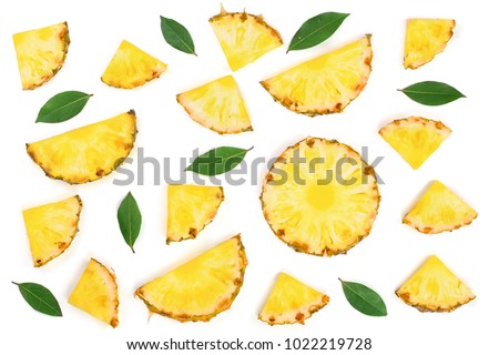 Sliced pineapple with green leaves isolated on white background. Top view. Flat lay pattern Royalty-Free Stock Photo #1022219728