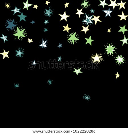 Falling Doodle Stars. Simple Black Background with Falling Confetti. Cute Hand Drawn Scribble Stars for Greeting Card, Poster or Banner. Vector.