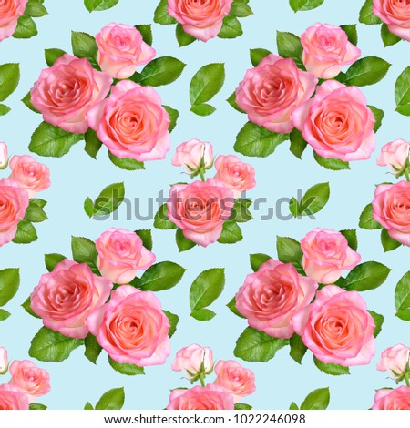 Seamless Background.Pink roses on blue.