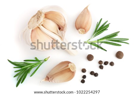 garlic with rosemary and peppercorn isolated on white background. Top view. Flat lay pattern Royalty-Free Stock Photo #1022254297