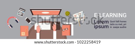 Elearning Online Education Banner With Student Hand Working On Computer Workplace Top View Horizontal Banner With Copy Space Flat Vector Illustration