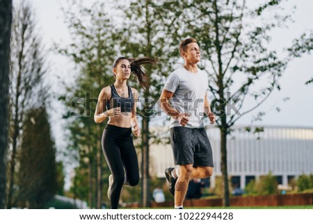 woman, man running, sportsmen, park                               