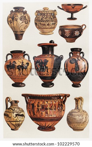Vintage drawing representing various types of Greek clay vases - Picture from Meyers Lexikon book (written in German language) published in 1908 Leipzig - Germany.