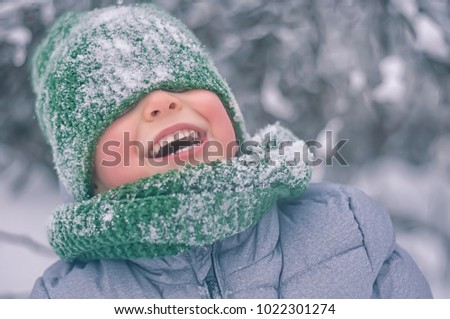 the boy in a cap and mittens keeps an icy branch in the winter wood